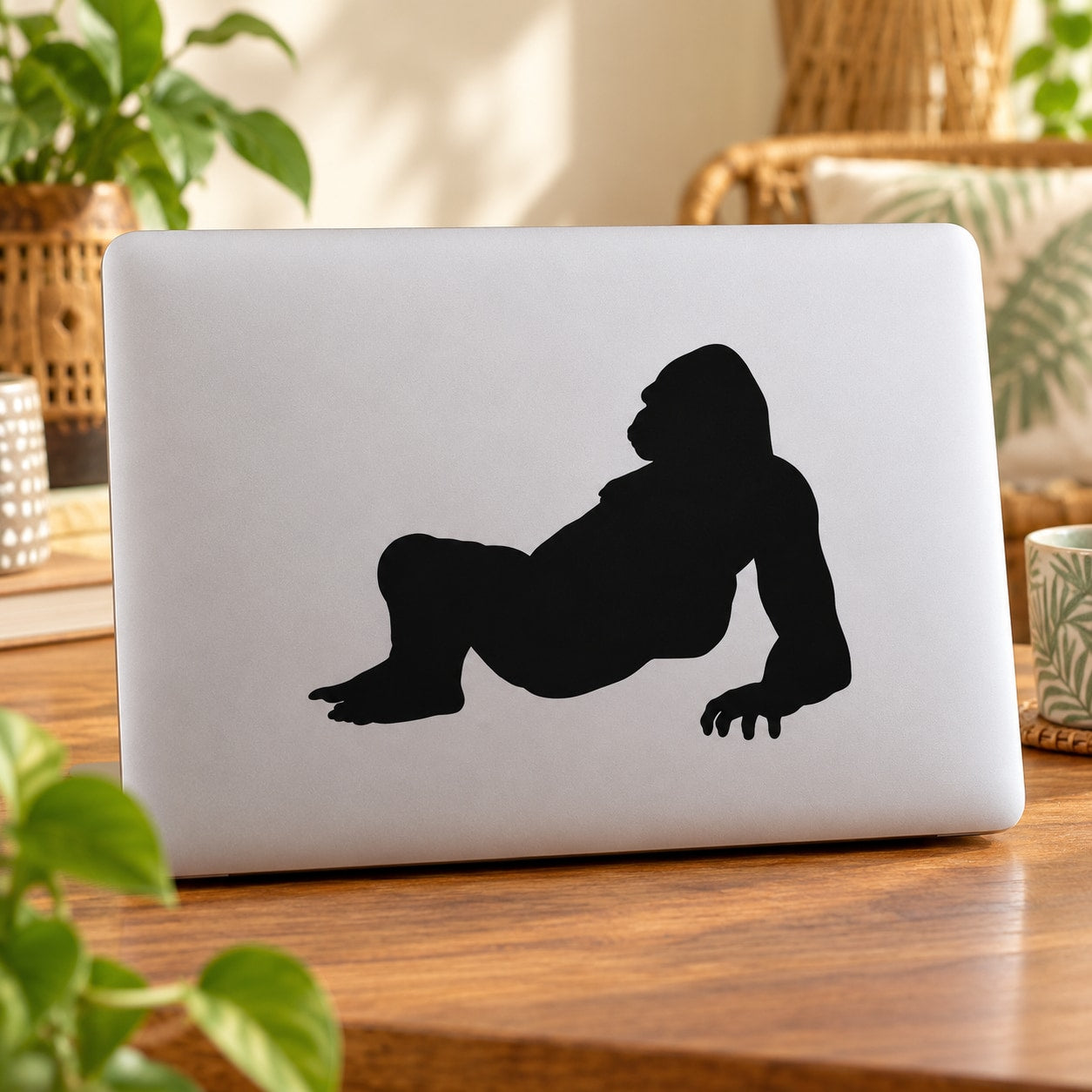 Reclining gorilla decal sticker, black silhouette on a light background