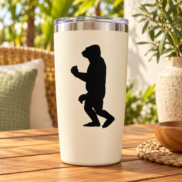 Black strolling gorilla decal on white travel tumbler