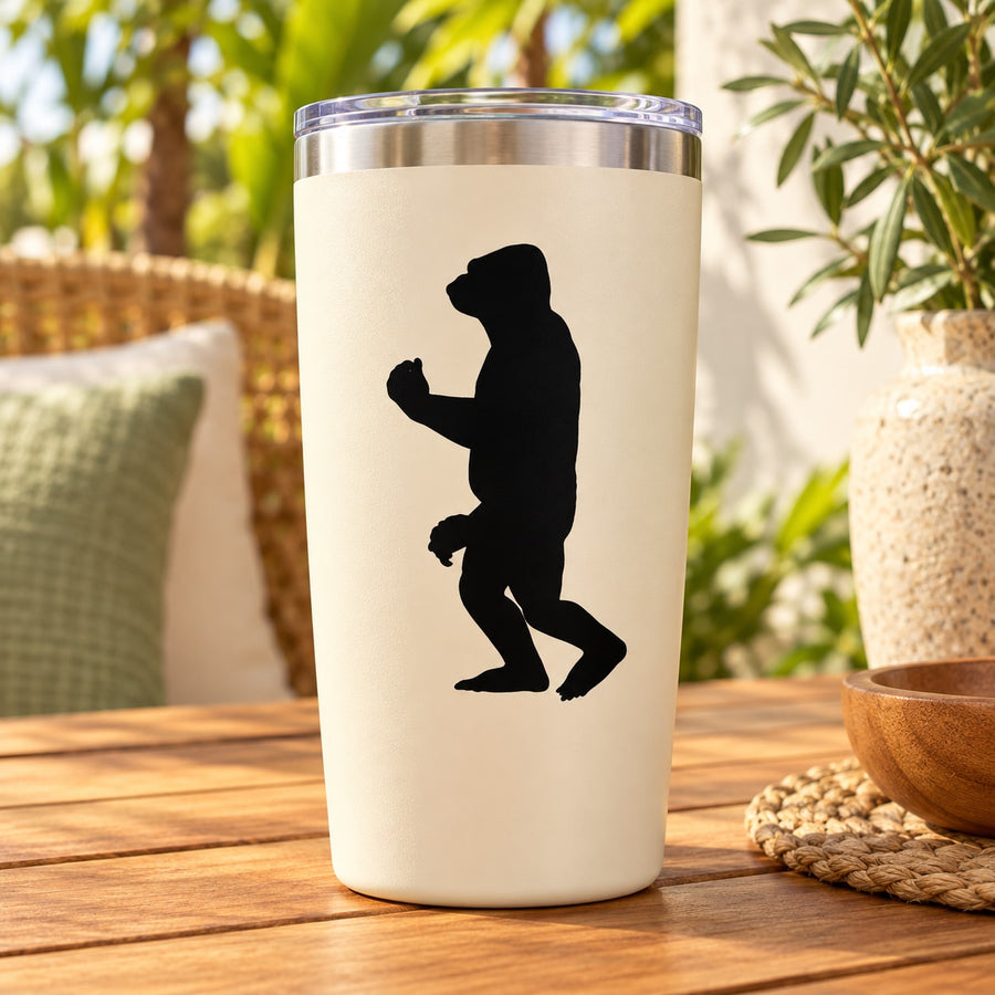 Black strolling gorilla decal on white travel tumbler