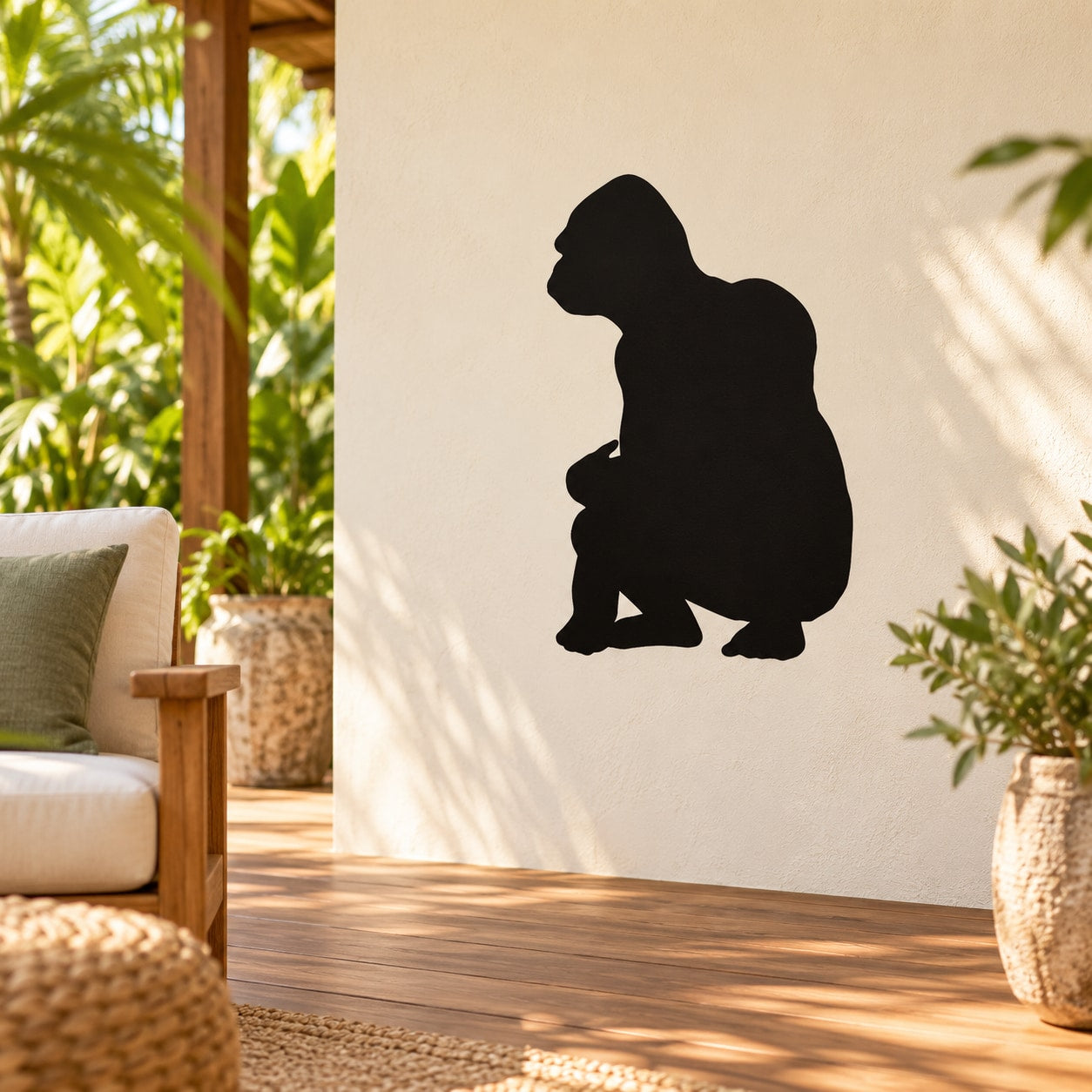 Black gorilla watching wall decal, sitting silhouette