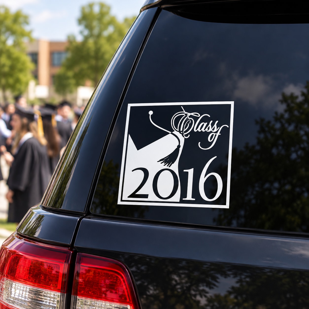 Square graduation frame decal with Class 2016 text and graduation cap icon