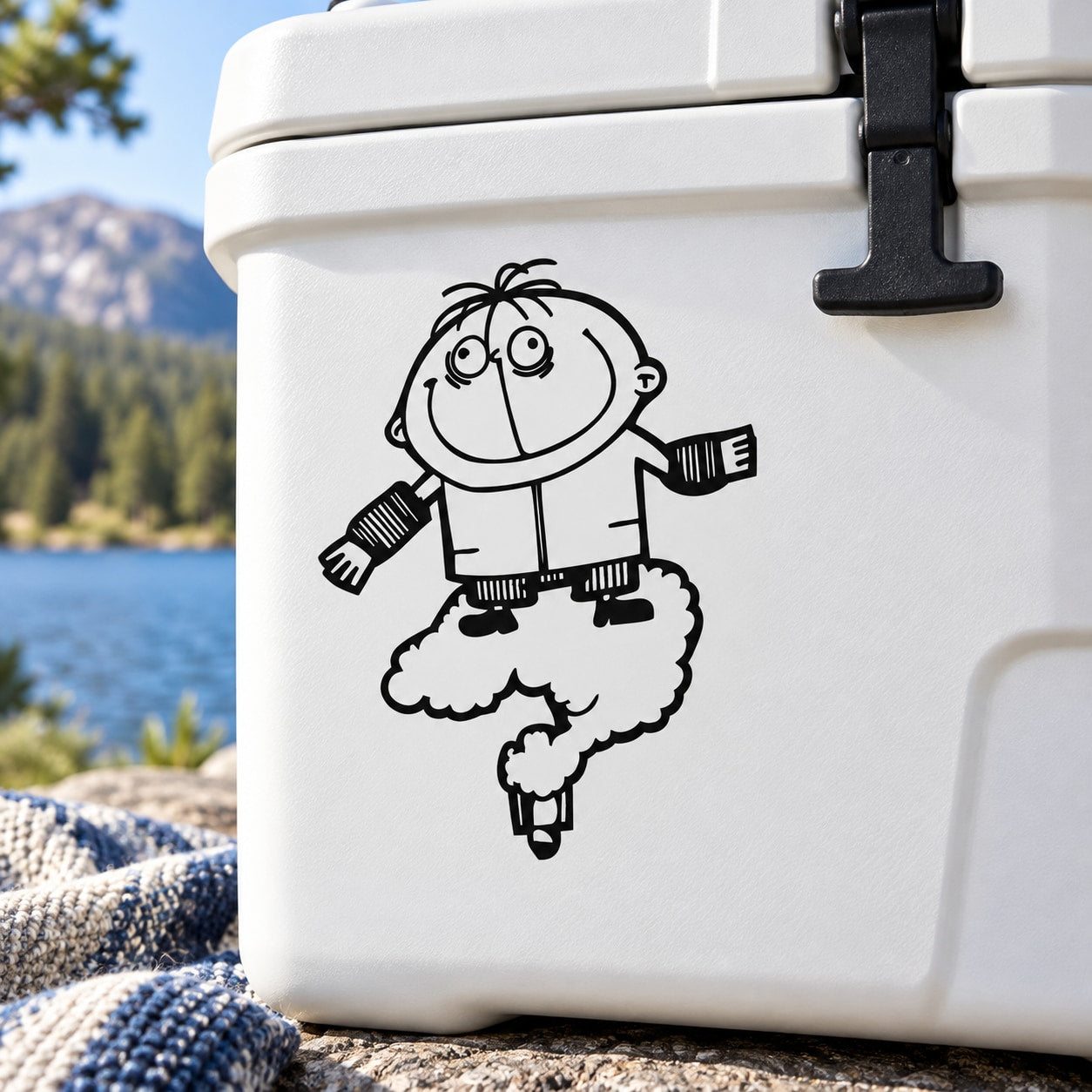 White cooler-style surface with Cloud Kid cartoon decal, boy in cloud outfit
