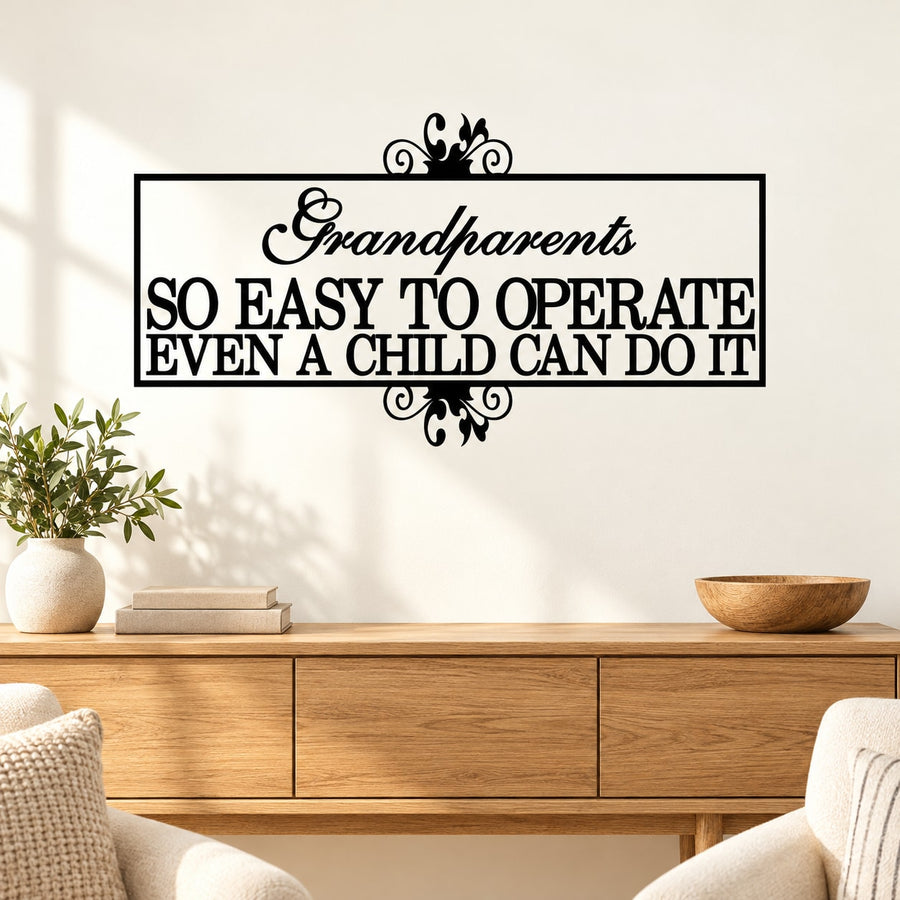 Wall decal with ornate scroll corners and bold black quote text inside a border