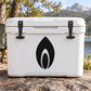 Black leaf-shaped decal with white center on a white cooler lid