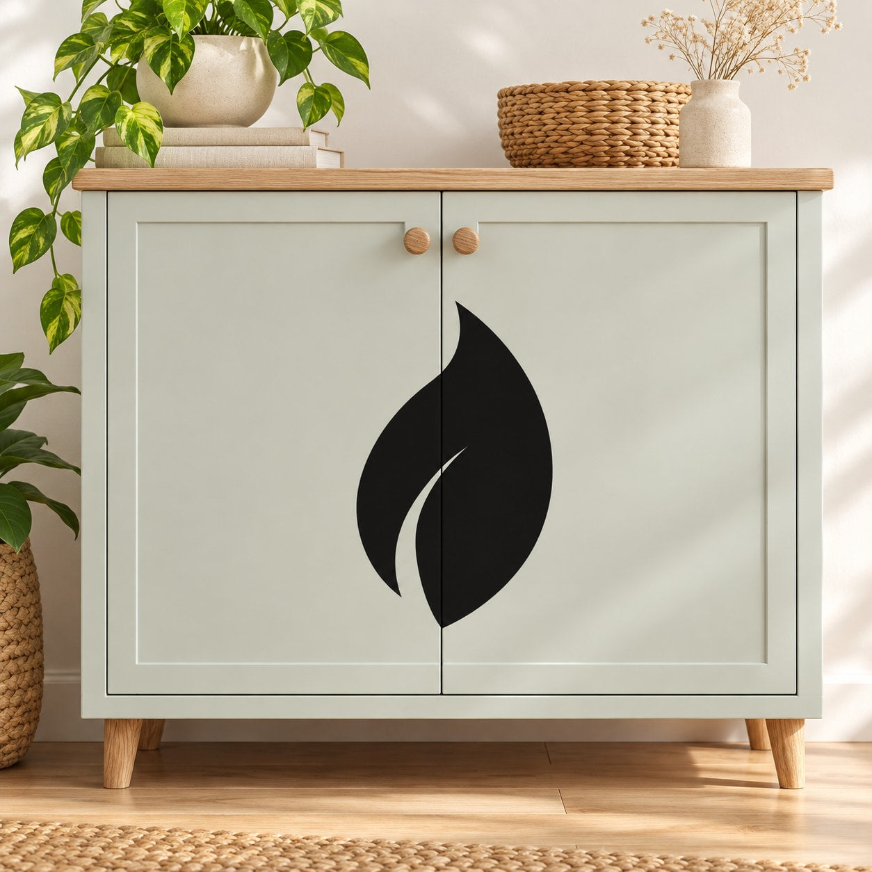 Leaf graphic wall decal set with a bold black split leaf design