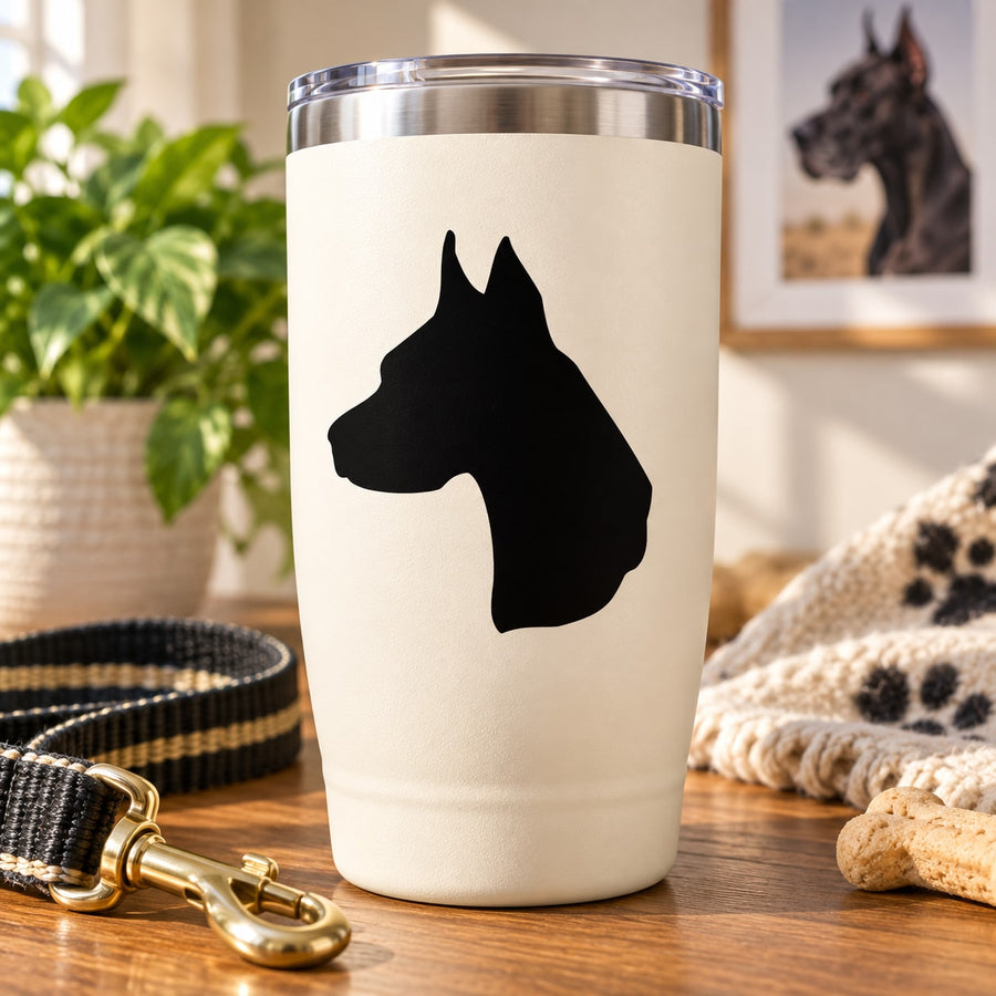 White tumbler with black Great Dane head profile decal silhouette