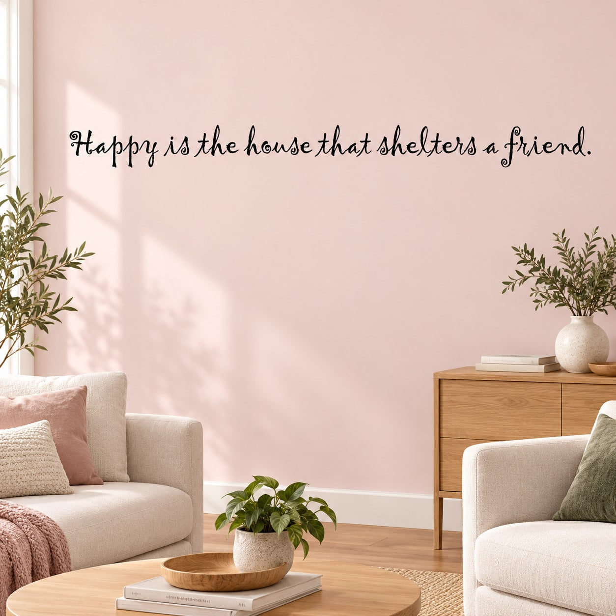 Decorative wall decal with cursive text: Happy is the house that shelters a friend.