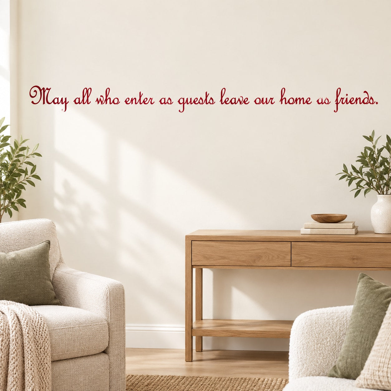 Decorative wall decal with red cursive quote text: leave our home as friends