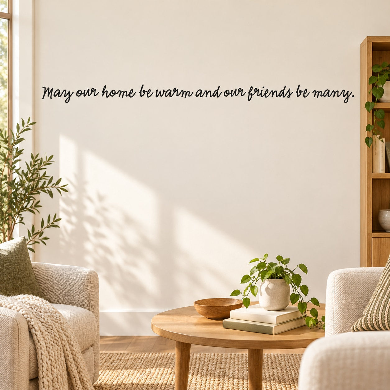 Warm home wall decal with cursive quote text in dark lettering