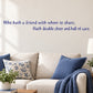 Wall decal with blue script quote: “Who hath a friend…”