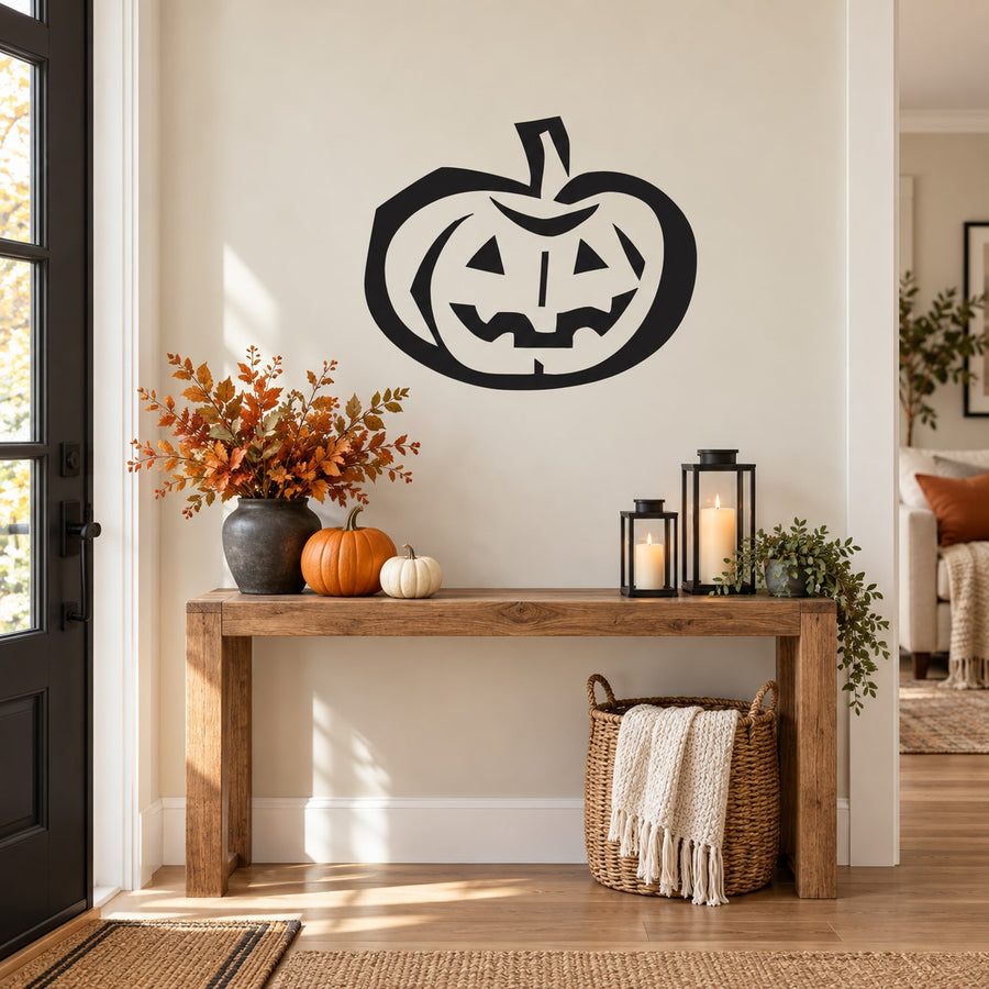 Jack-o-lantern face wall decal with black outline and white pumpkin features