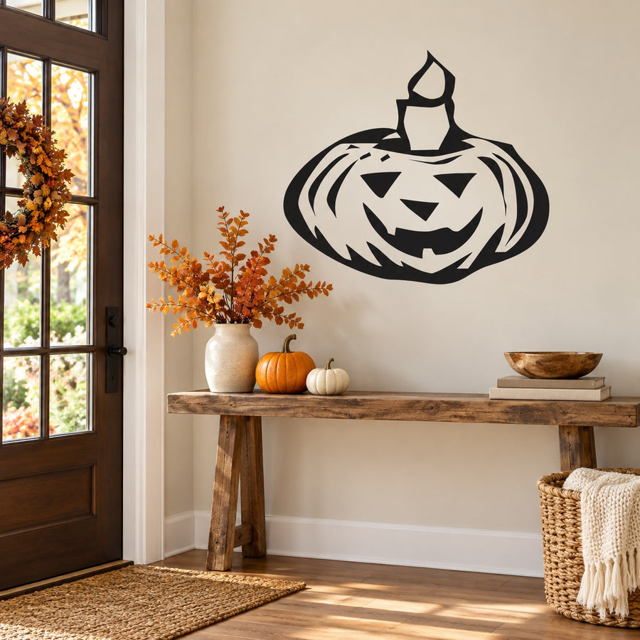 Halloween jack-o'-lantern and candle decal with black outlined pumpkin and smiling face