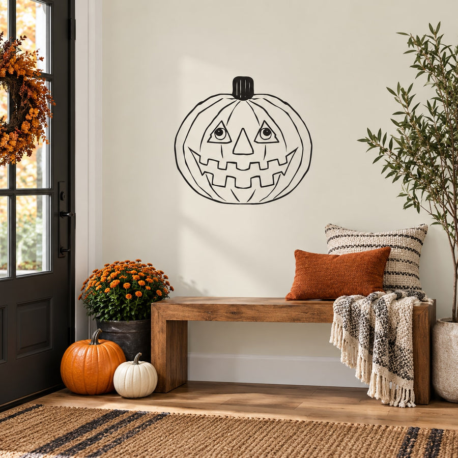 Jack-o-lantern face wall decal with black line art pumpkin