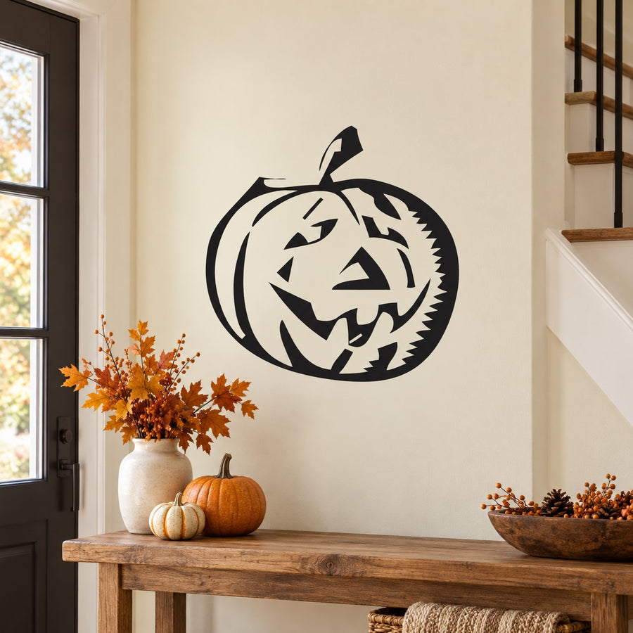 Halloween jack-o'-lantern decal with a grinning carved pumpkin face in black and white