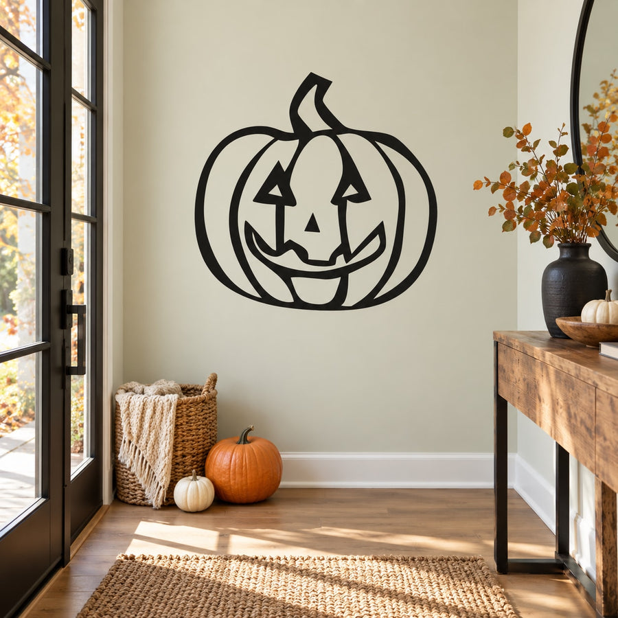 Halloween jack-o-lantern wall decal, black smiling pumpkin outline with carved grin