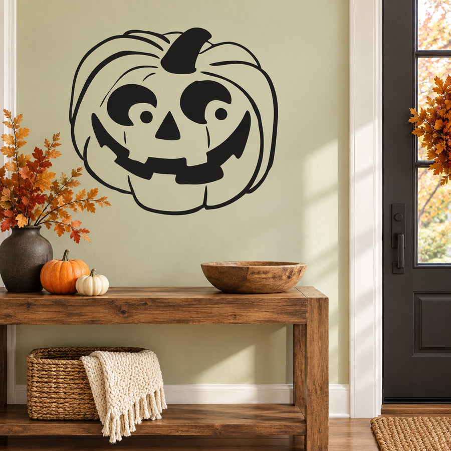 Black jack-o-lantern face wall decal with outlined witch hat and carved smile