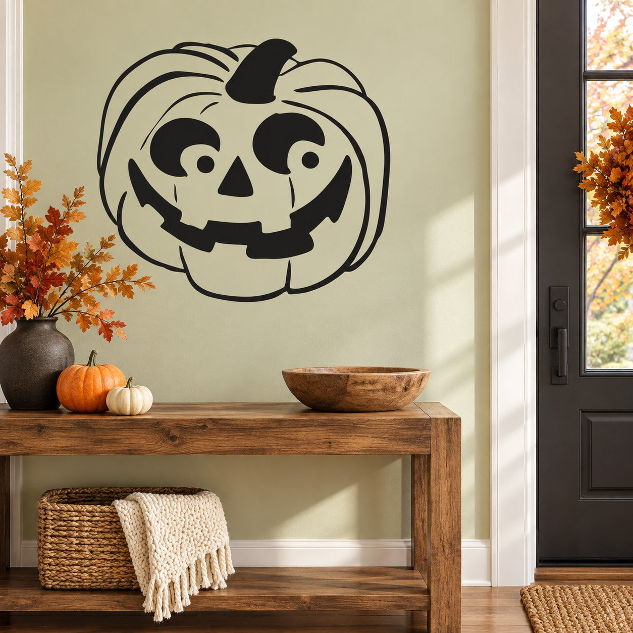 Black jack-o-lantern face wall decal with outlined witch hat and carved smile