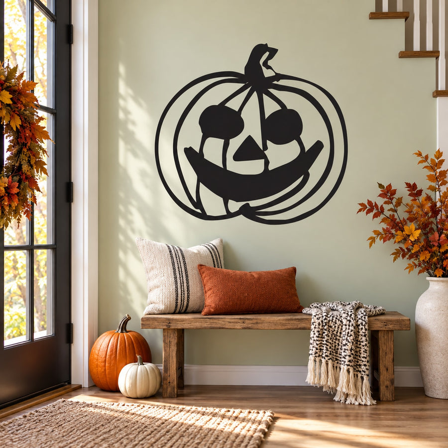 Eerie Halloween jack-o-lantern wall decal with spiral outline and carved face