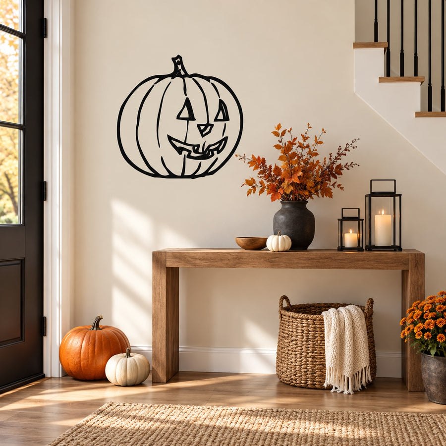 Halloween jack-o'-lantern wall decal, black outline pumpkin with carved grin