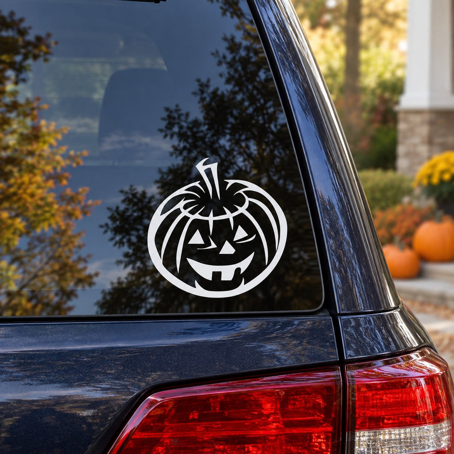 Halloween jack-o-lantern decal sticker, white tilted pumpkin face with carved grin
