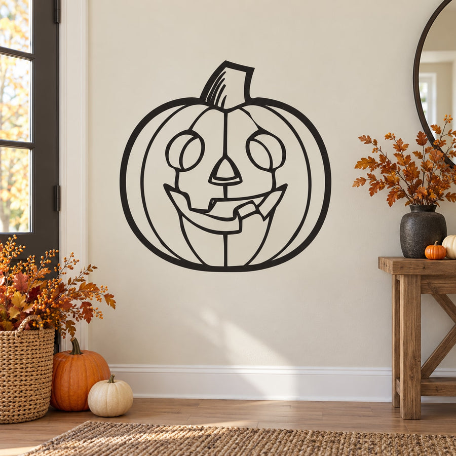 Jack-o-lantern wall decal with black outline smiling pumpkin face and carved details
