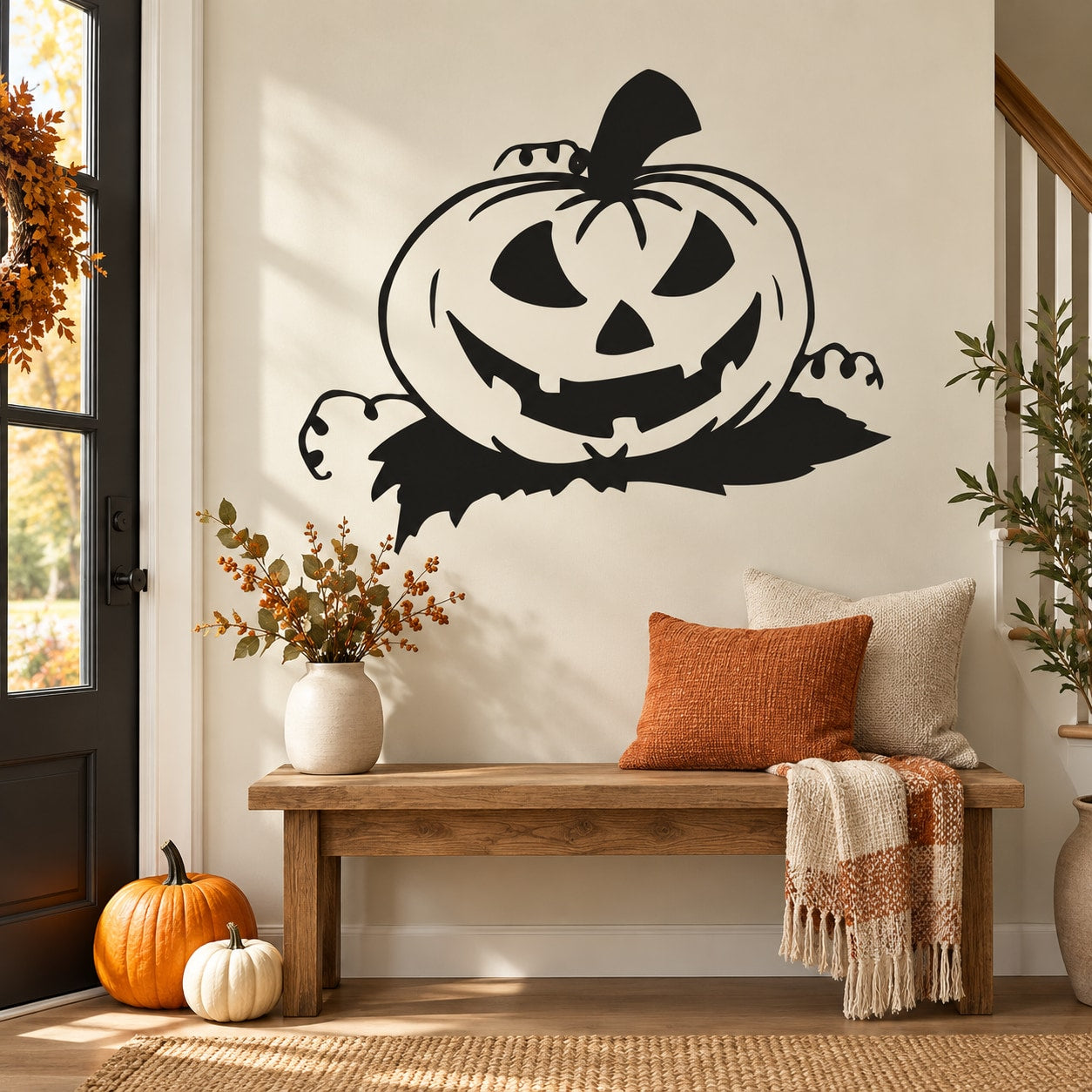 Jack-o-lantern with vines wall decal, smiling pumpkin face with curly vine accents