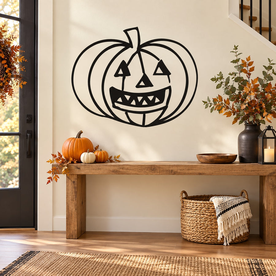 Halloween jack-o-lantern decal with smiling face and curled stem, black line art