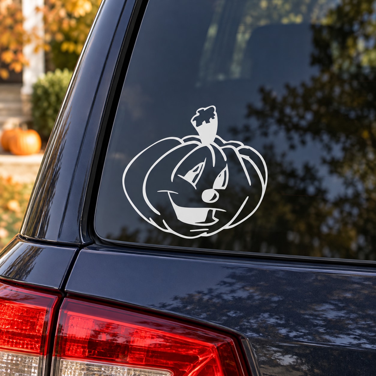 Halloween cartoon jack-o-lantern decal, white outline face design on window