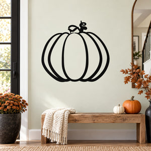 Halloween pumpkin wall decal, black line-art pumpkin with stem and leaves