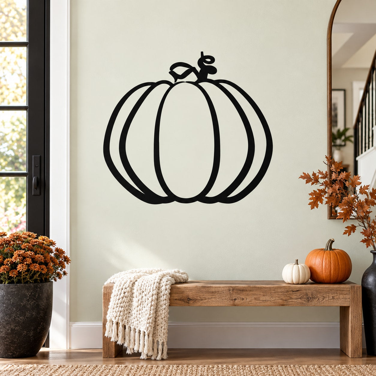 Halloween pumpkin wall decal, black line-art pumpkin with stem and leaves