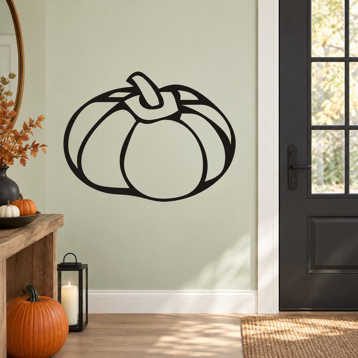 Halloween oblong pumpkin wall decal with black outline and ribbon bow