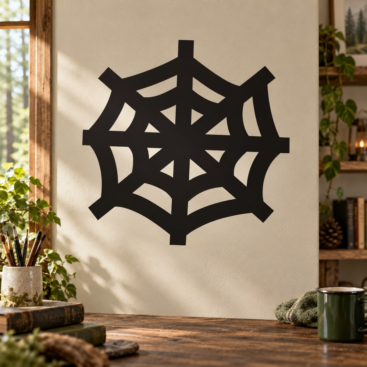 Black spider web wall decal with symmetrical starburst design