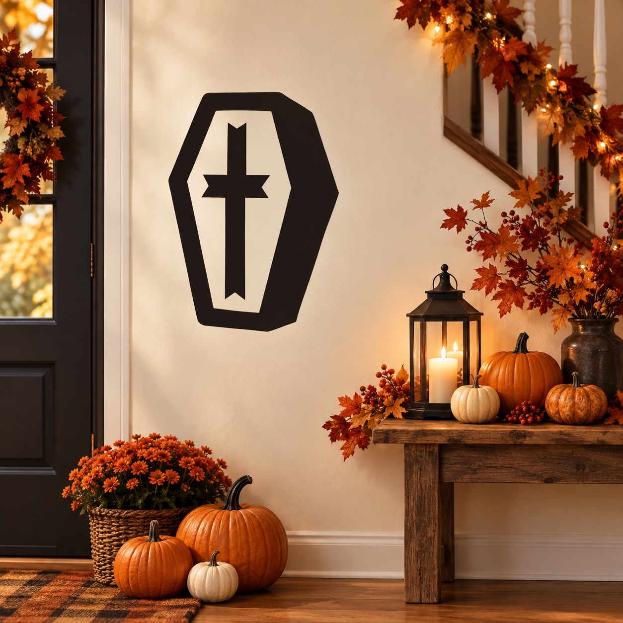 Coffin-shaped cross decal, black outline with white inner icon