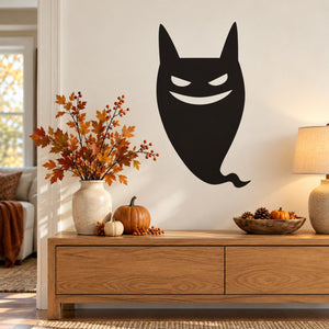 Halloween evil ghost decal, black cartoon ghost face silhouette with smile