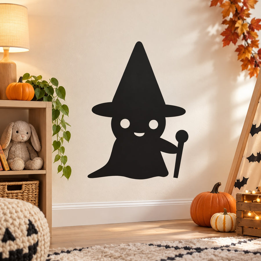 Halloween wizard hat wall decal silhouette with smiling face and wand