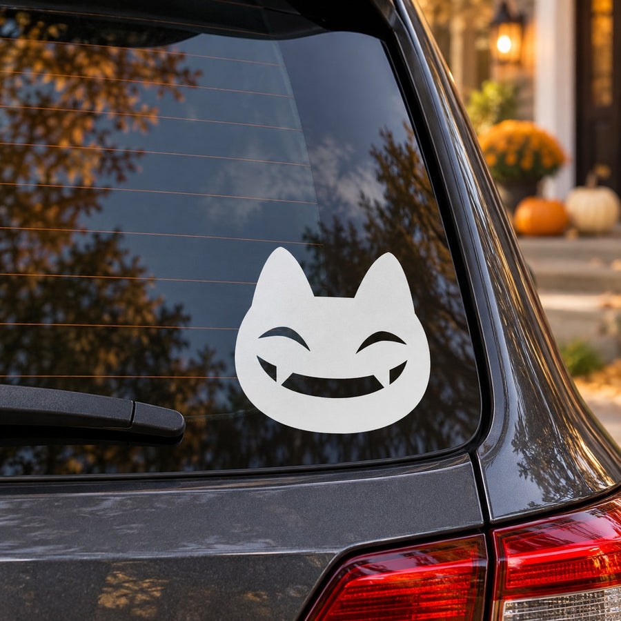 Smiling white cat face decal for car window