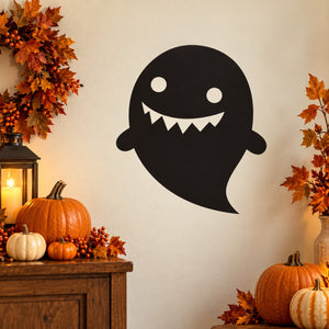 Halloween ghost decal, black derpy ghost face with jagged smile and big eyes