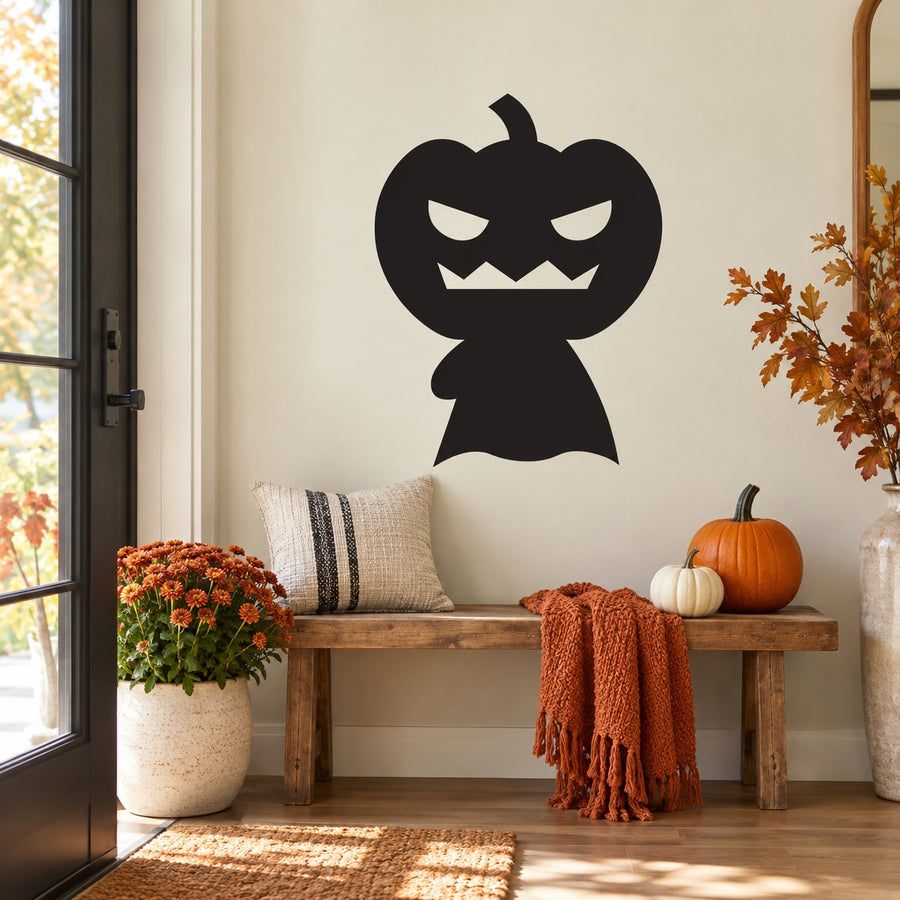 Headless Horseman Halloween wall decal, black silhouette with jack-o'-lantern head