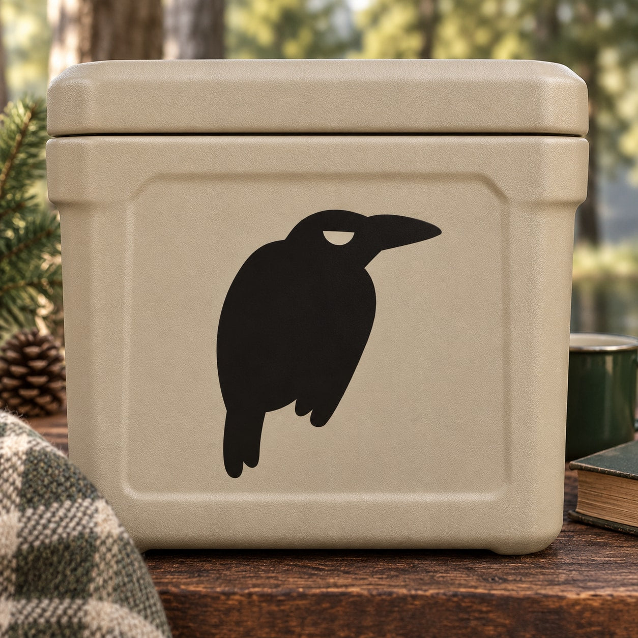 Beige container with black raven perched decal