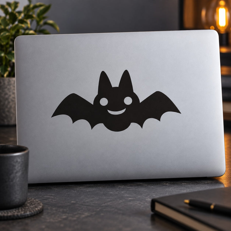 Black cute bat decal with smiling face, spread wings on light laptop lid