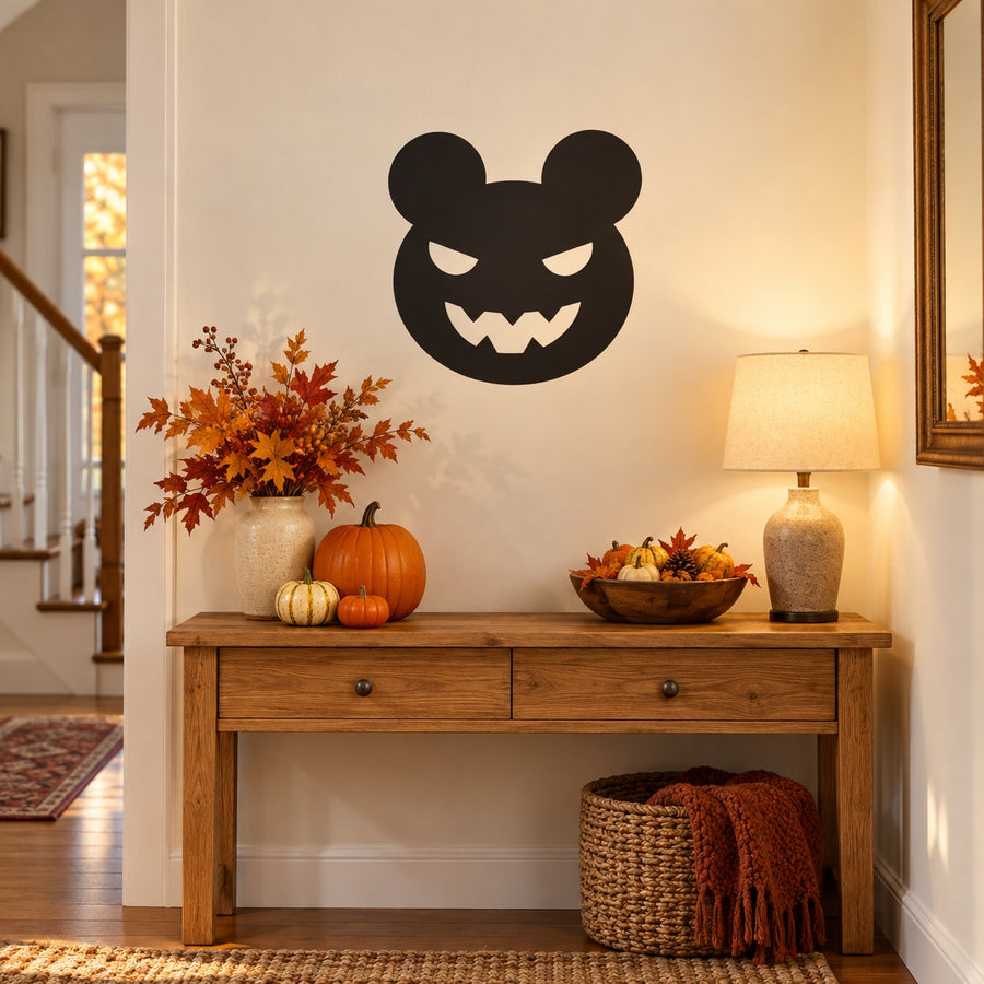 Scary bear decal: black bear head with hollow eyes and jack-o-lantern grin
