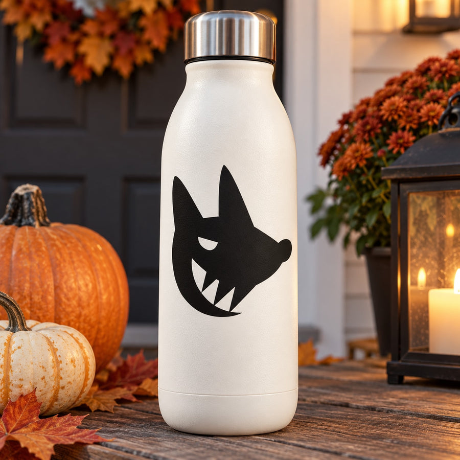 Halloween insulated water bottle with black wolf-dog face decal and silver lid