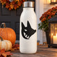 Halloween insulated water bottle with black wolf-dog face decal and silver lid