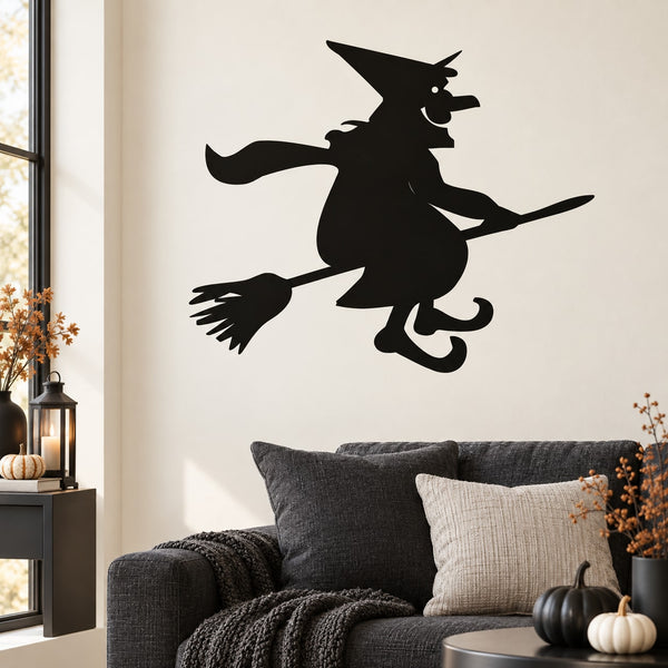 Black witch on broom wall decal silhouette for Halloween