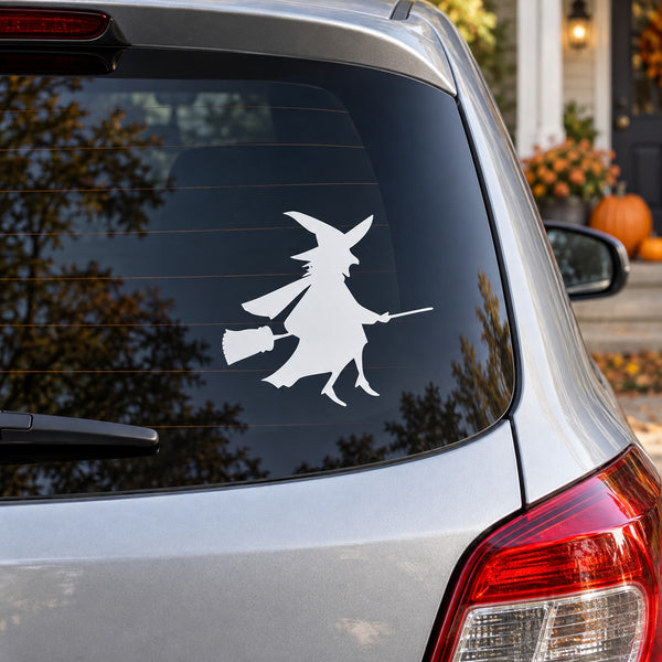 Halloween witch on a broom vinyl car window decal silhouette