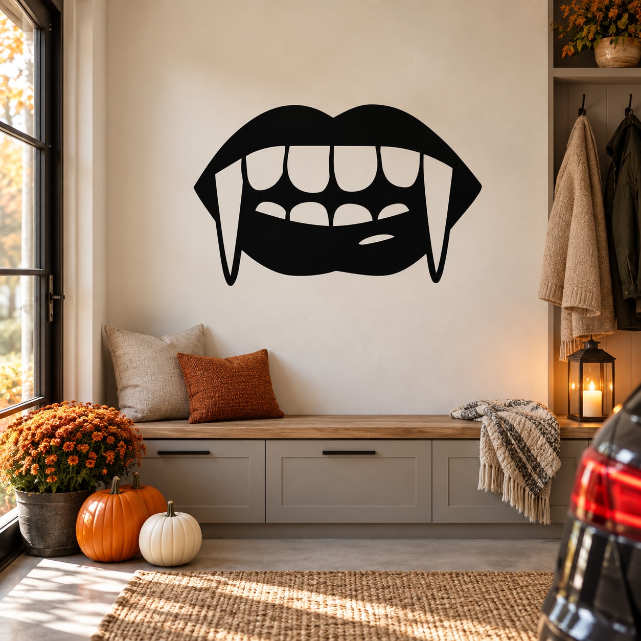 Vampire teeth decal featuring a black mouth with white fangs and teeth