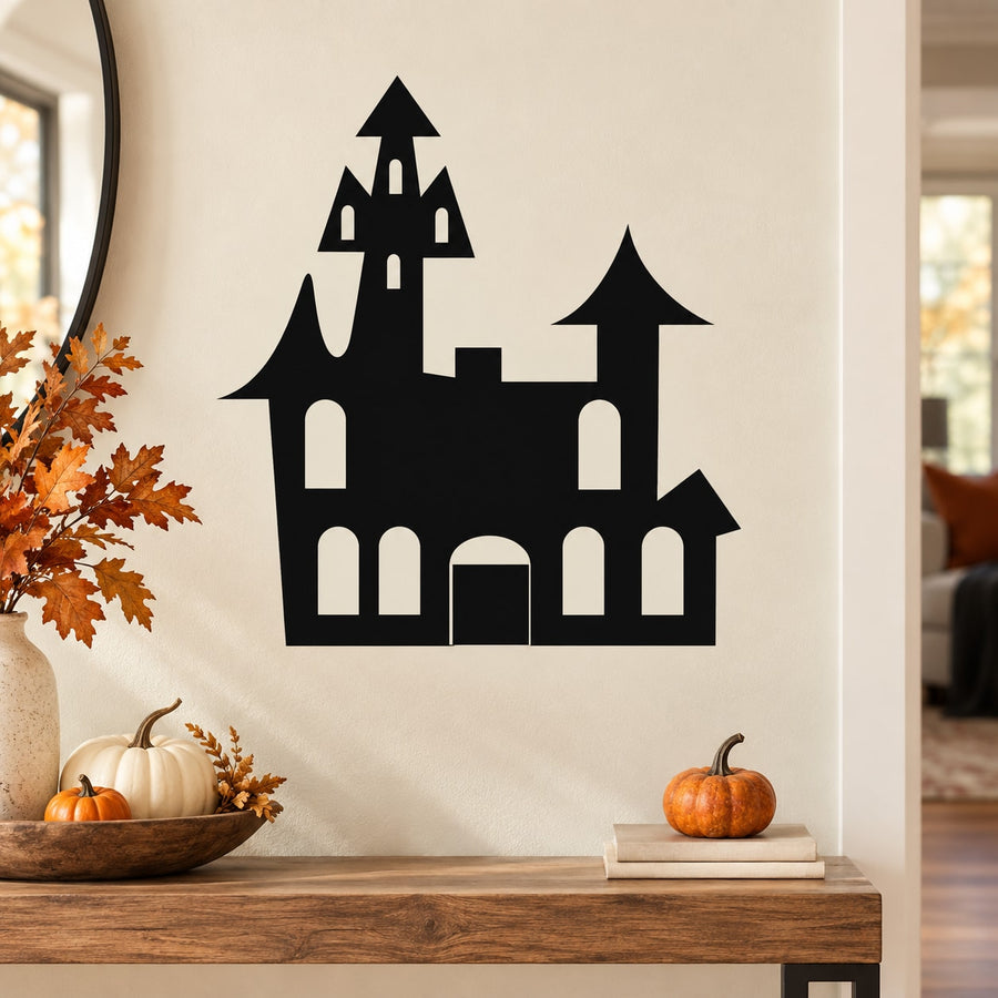 Black haunted house wall decal silhouette with tower and arched door