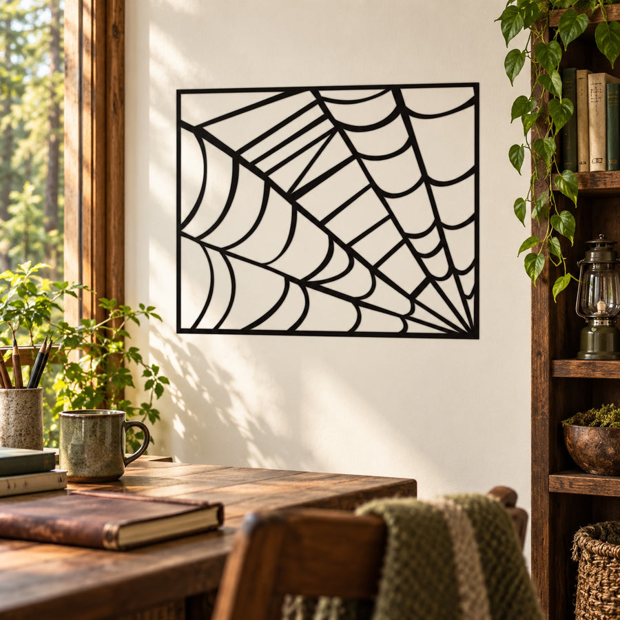 Rectangle spider web wall decal in black line art with an outlined border