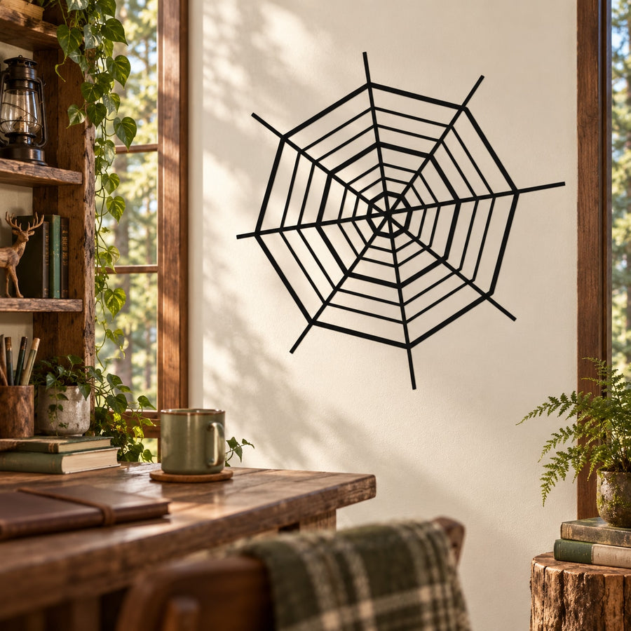 Black symmetrical orb spider web wall decal with radial web lines