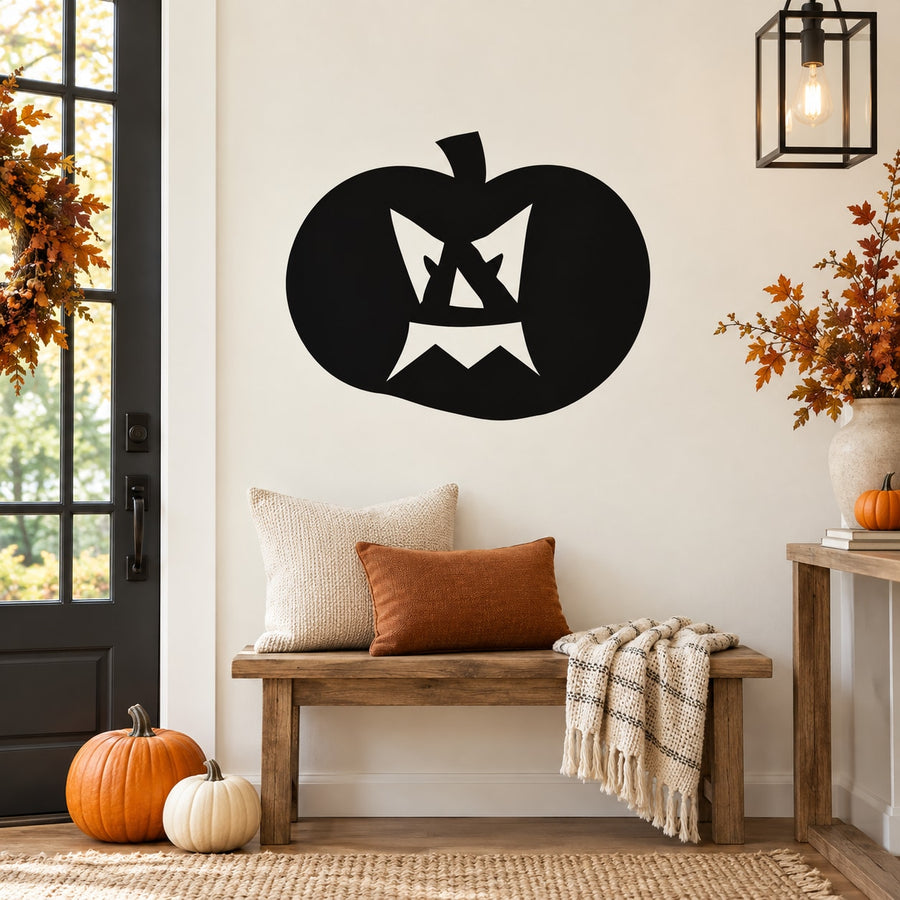 Halloween jack-o-lantern face decal, black pumpkin silhouette with X eyes and jagged top